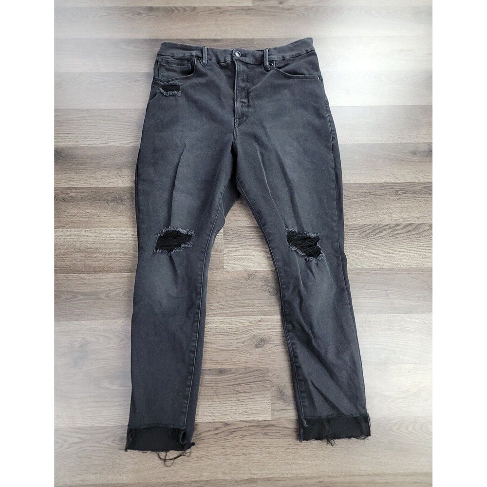 Good American High Waist Skinny Jeans Size 30 Black Distressed Raw Hem Crop